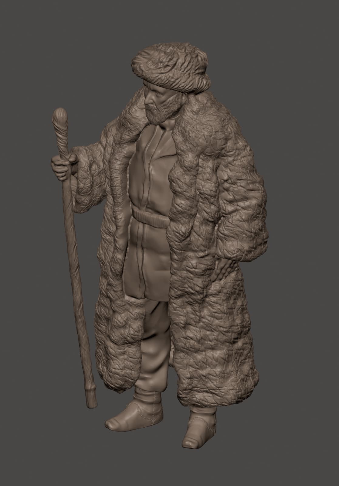 Render del modelo digital de una figura con abrigo, sin pintar, en gris de arcilla