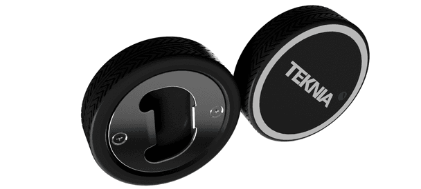 Dos abrebotellas circulares negros con la marca TEKNIA en relieve